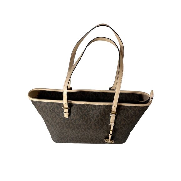 Michael Kors Purse Jet Set Signature Large Zip Up Tote Bag MK Monogram Brown Tan - Picture 6 of 12